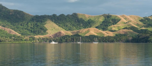 Tiger on the left, and the other boats on moorings in Viani Bay