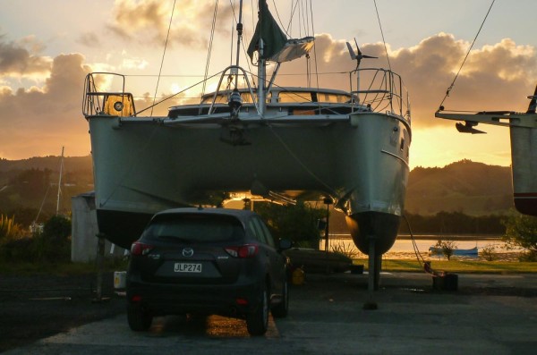 Our boat acting as a garage for the rental car. 